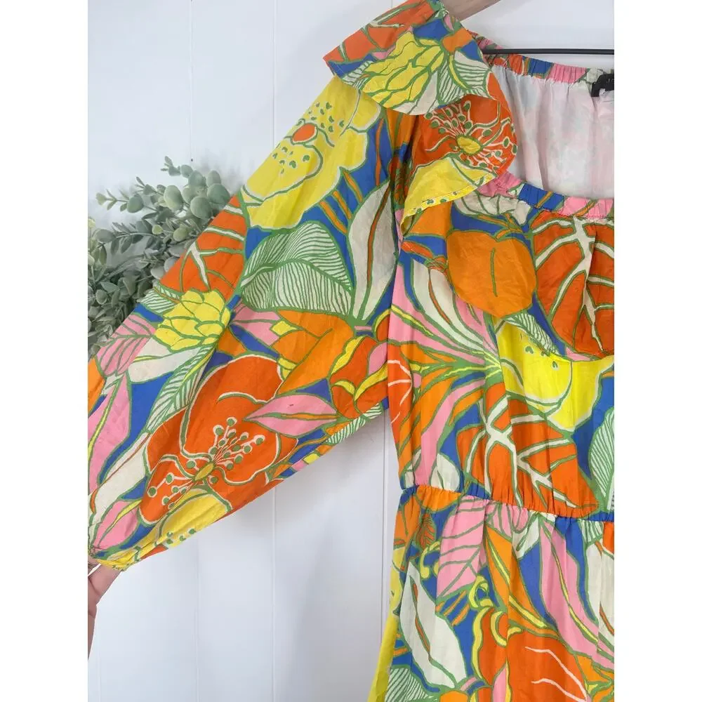 J. Crew Tropical Floral Midi Dress Small Ruffle Off Shoulder Summer Vacation